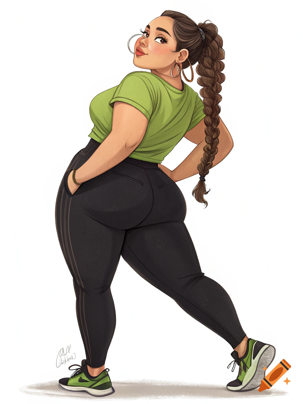 Illustration of a curvy woman with a long braid wearing a green shirt and black leggings, posing with her hand in her pocket.