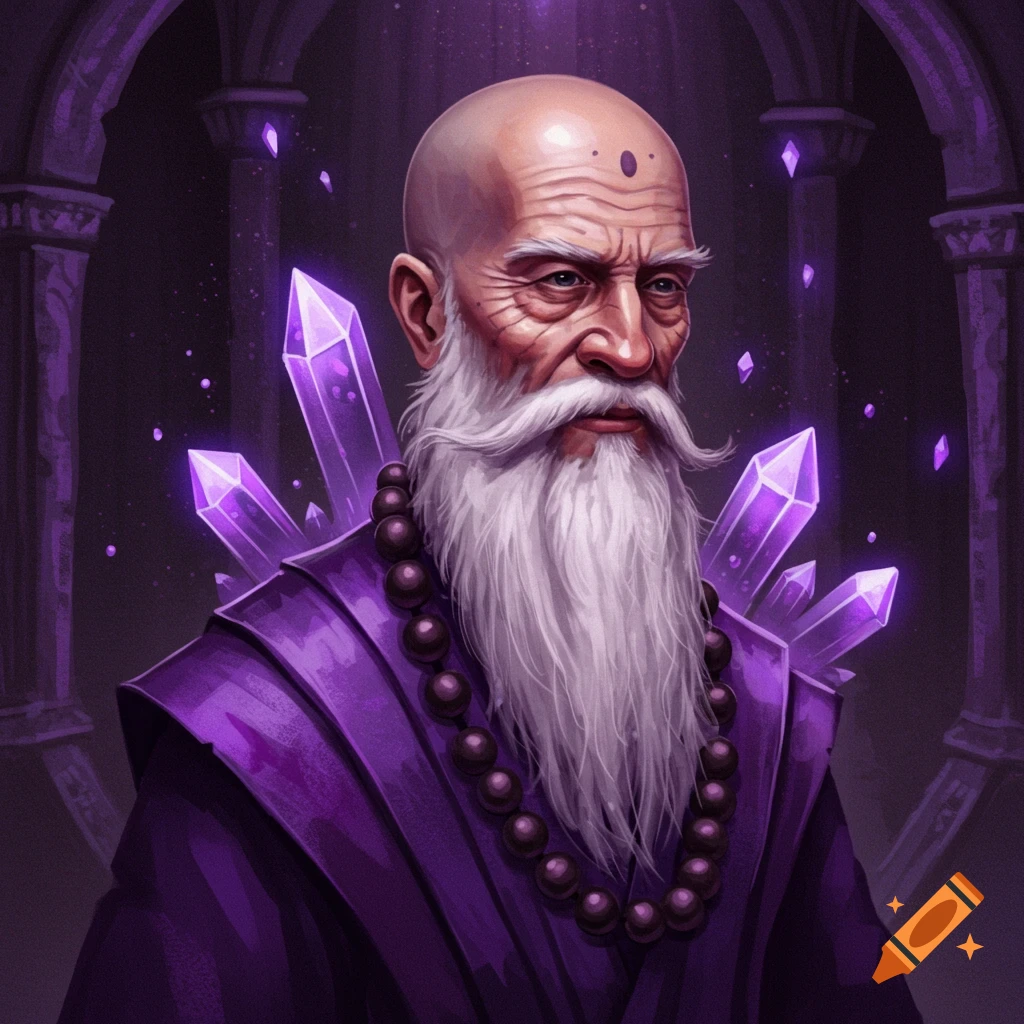 Portrait of a bald old man with a white beard in purple robes, surrounded by glowing purple crystals in a dark fantasy setting.