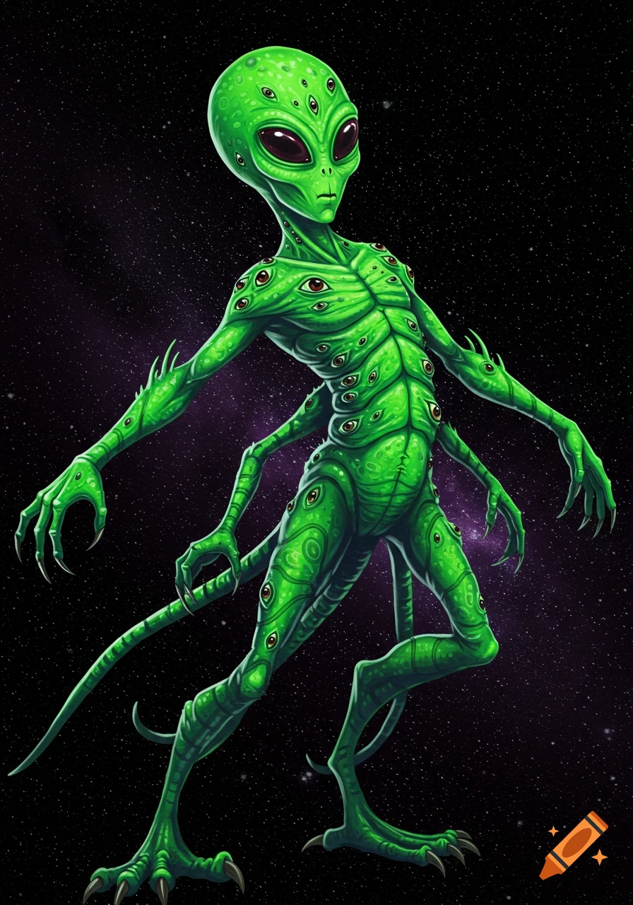 A bright green alien creature with multiple eyes covering its body and multiple limbs stands against a dark, starry space background.