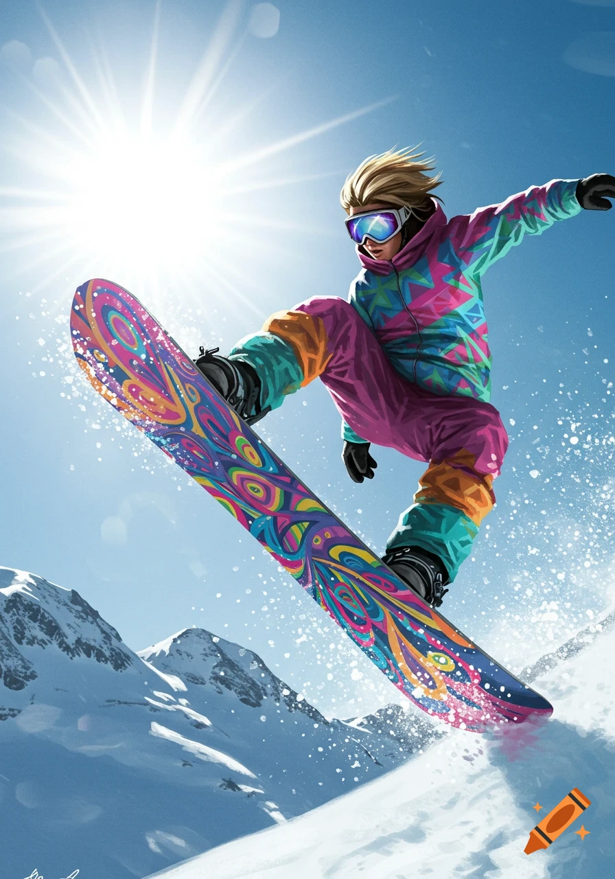 A vibrant illustration of a person snowboarding mid-air against a sunny sky.