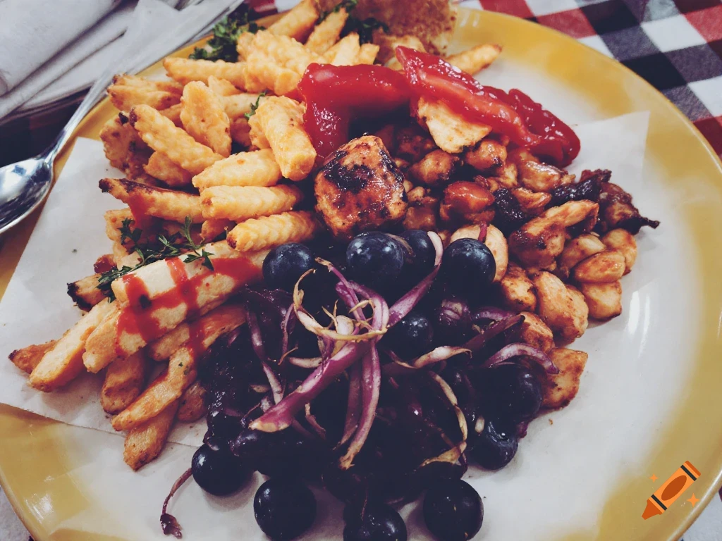 A plate with french fries, grilled meat, grapes, and red onions.