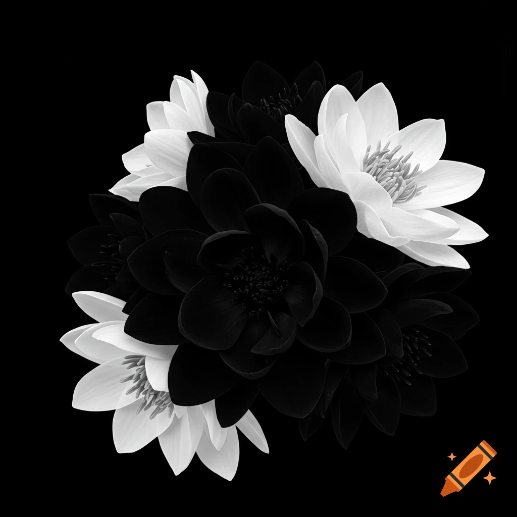 A bouquet of black and white flowers on a black background.