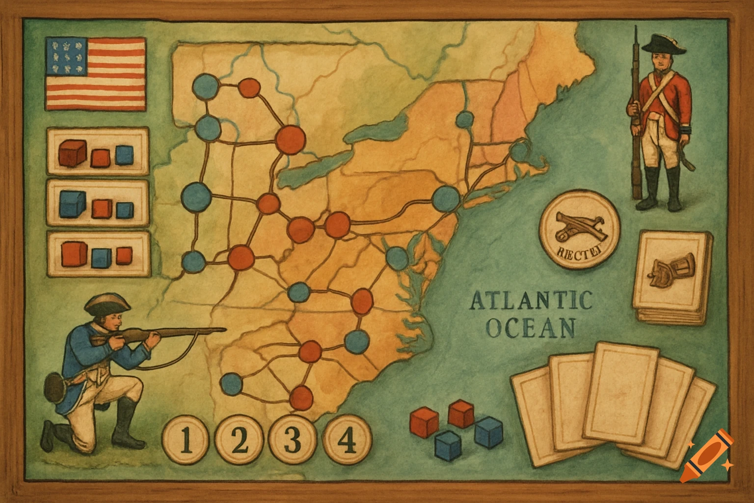 Watercolor style board game layout of the American Revolution with map, soldier pieces, cards, and tokens.
