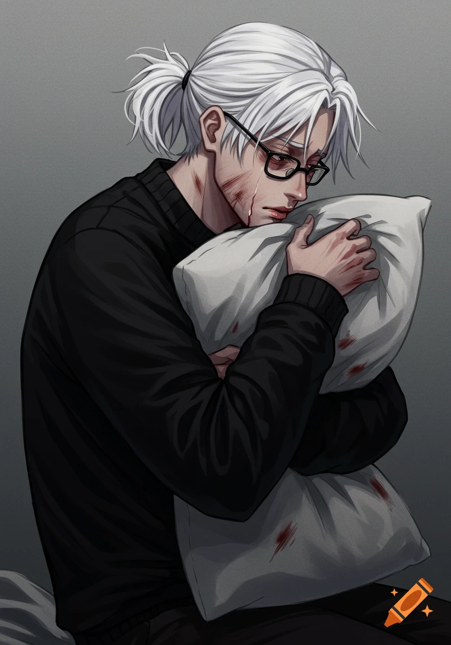 Anime style illustration of a person with white hair and glasses, with wounds on face, hugging a blood-stained pillow.