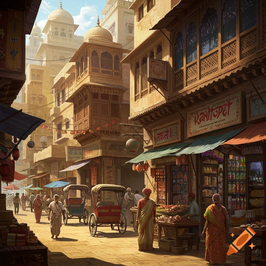 A busy street scene in a historical Indian city, with traditional buildings, shops, people, and rickshaws under a sunny sky.
