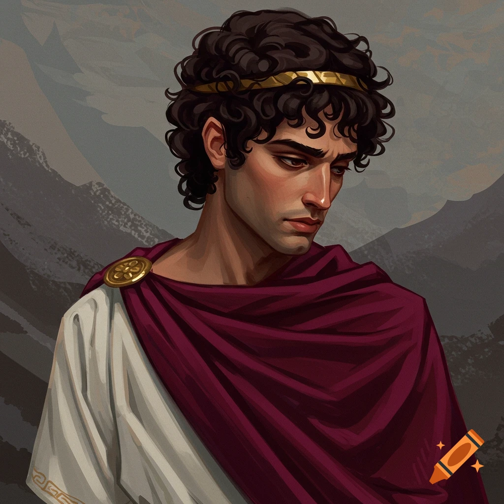 A young man in ancient Greek attire with curly dark hair looks down. Stylized portrait against a mountain background.