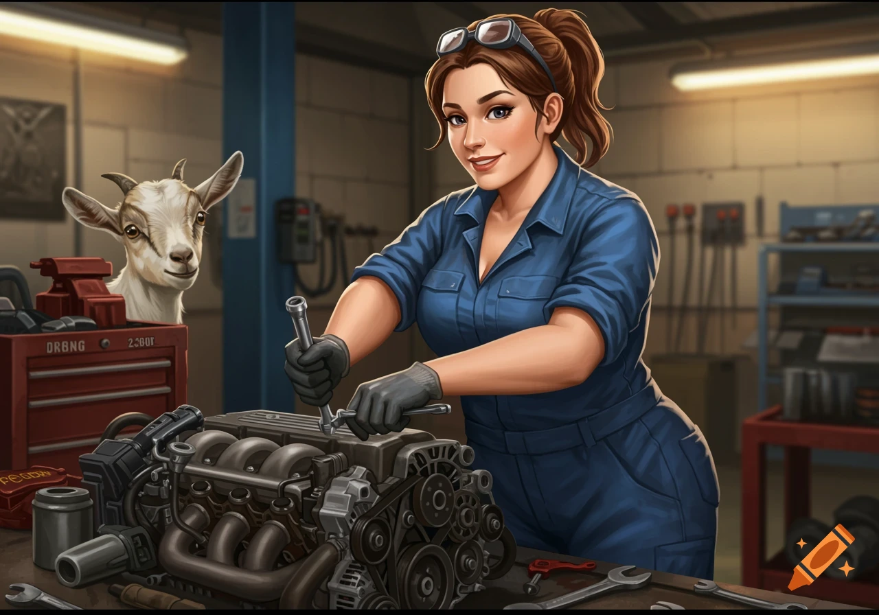 A woman mechanic works on a car engine in a workshop with a baby goat watching.
