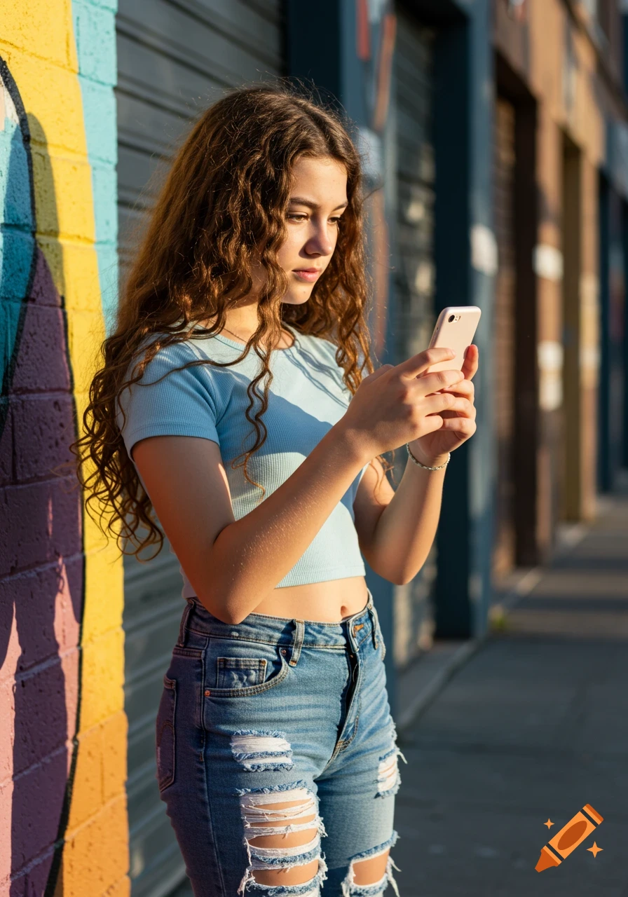A young girl with long curly hair looks at her phone standing by a colorful graffiti wall.