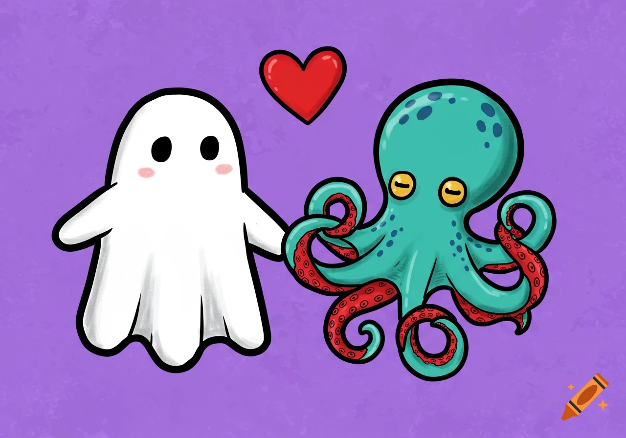 Cartoon white ghost and teal octopus holding hands with a red heart above them.