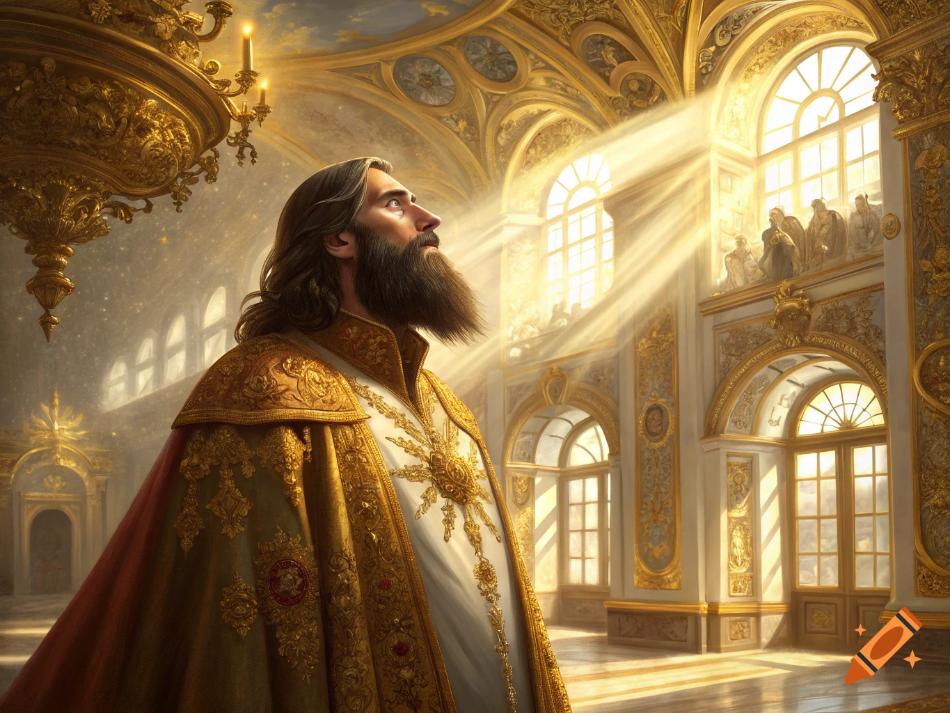A bearded man in ornate golden robes looks up towards light streaming into a grand palace hall.