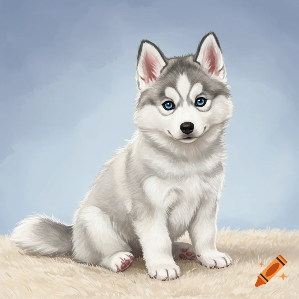 A cute husky puppy with blue eyes sits on a fluffy surface against a blue background, digital painting.