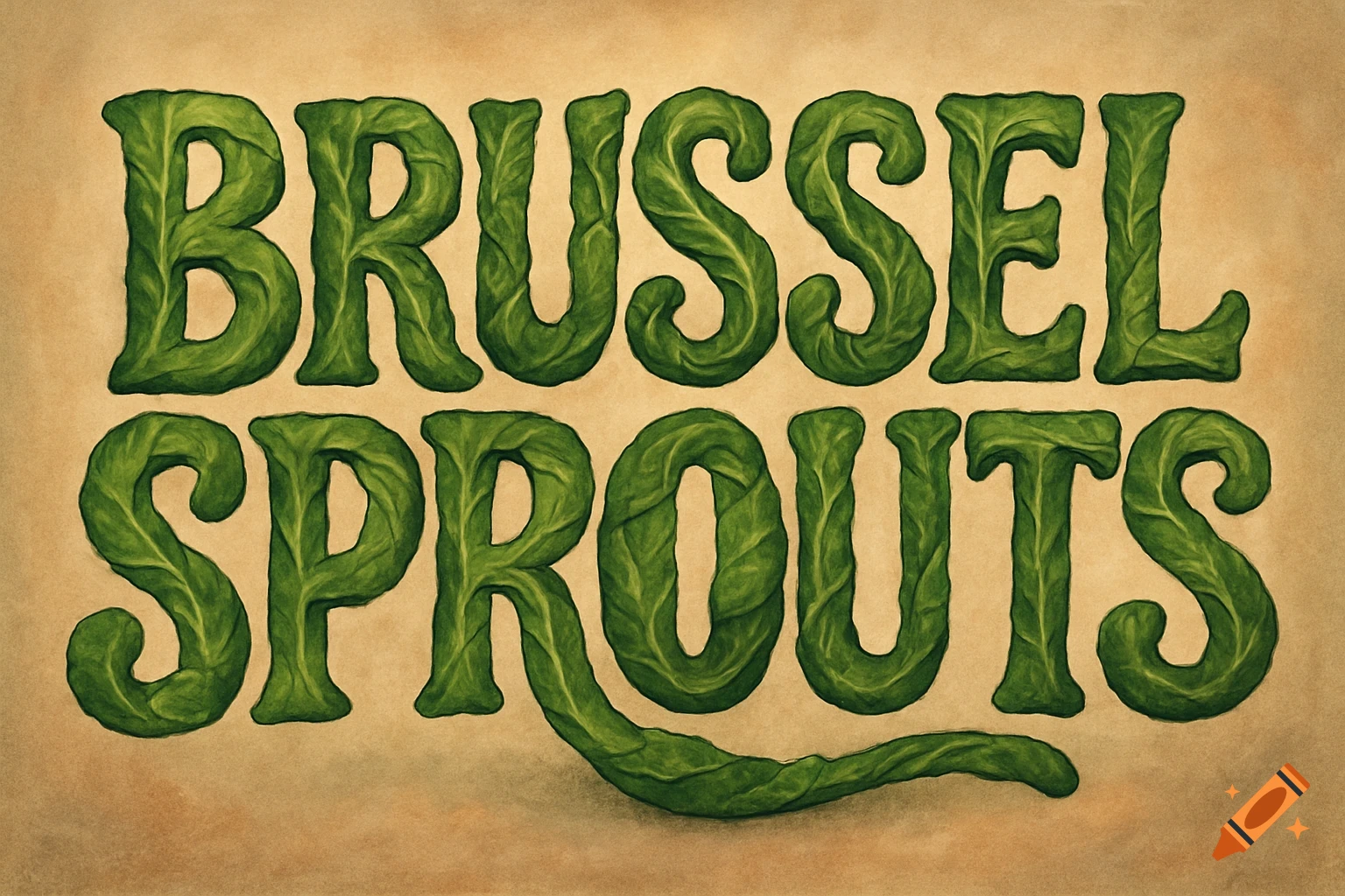 Word art spelling BRUSSEL SPROUTS with letters shaped like green leaves on a brown background.