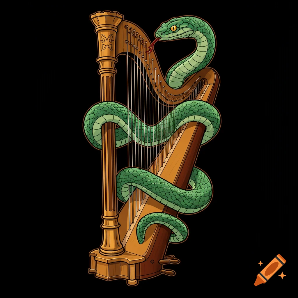 Illustration of a green snake wrapped around a golden harp in a tattoo style.
