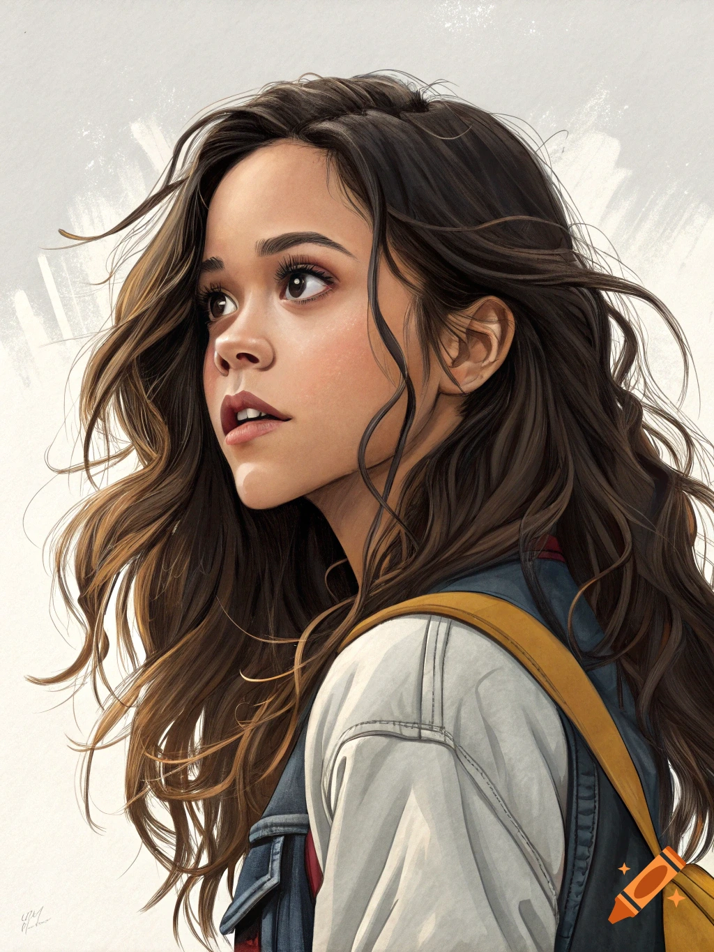 An illustrated portrait of a young woman with long brown hair looking ...