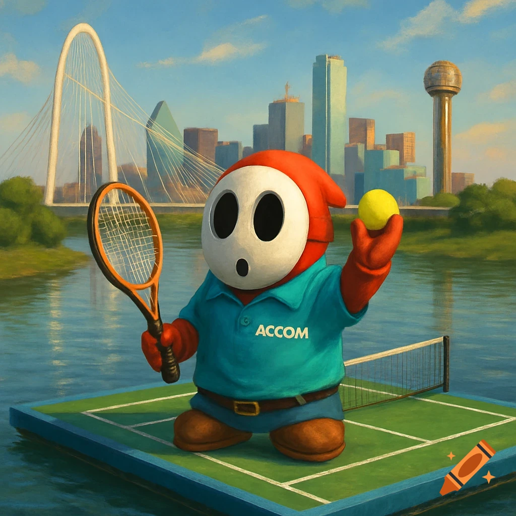 Shy Guy from Mario holds a tennis racket and ball on a floating court in the Dallas river.