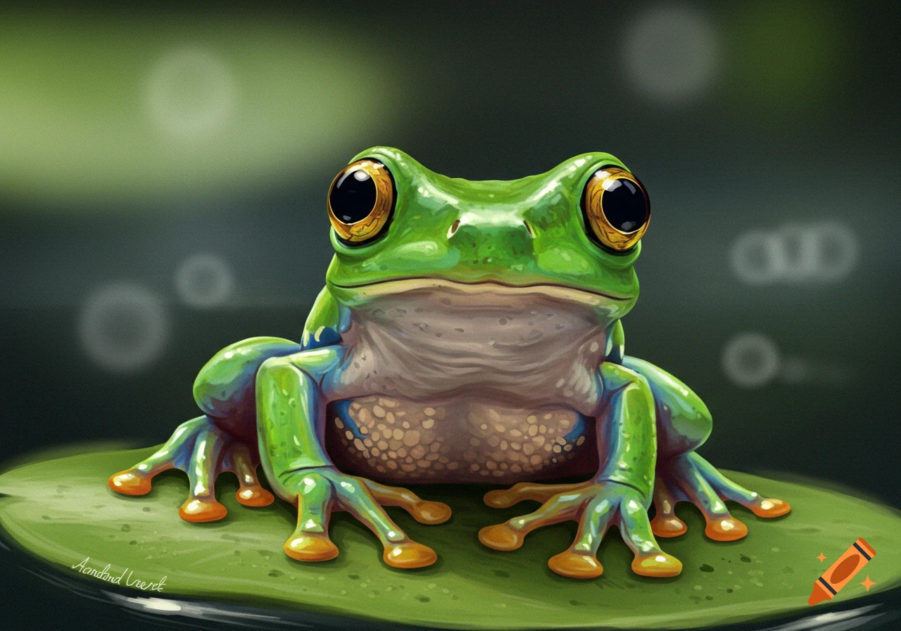 Illustration of a green tree frog sitting on a lily pad
