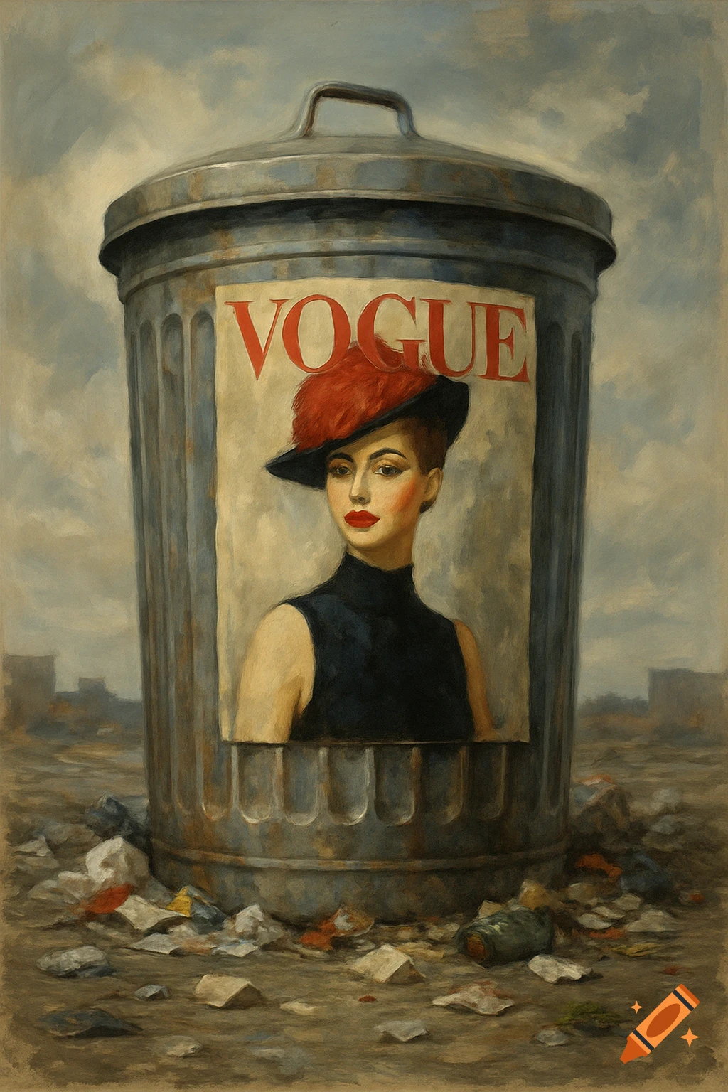 Painting of a giant trash can with a Vogue magazine poster on it, surrounded by trash in an urban setting.
