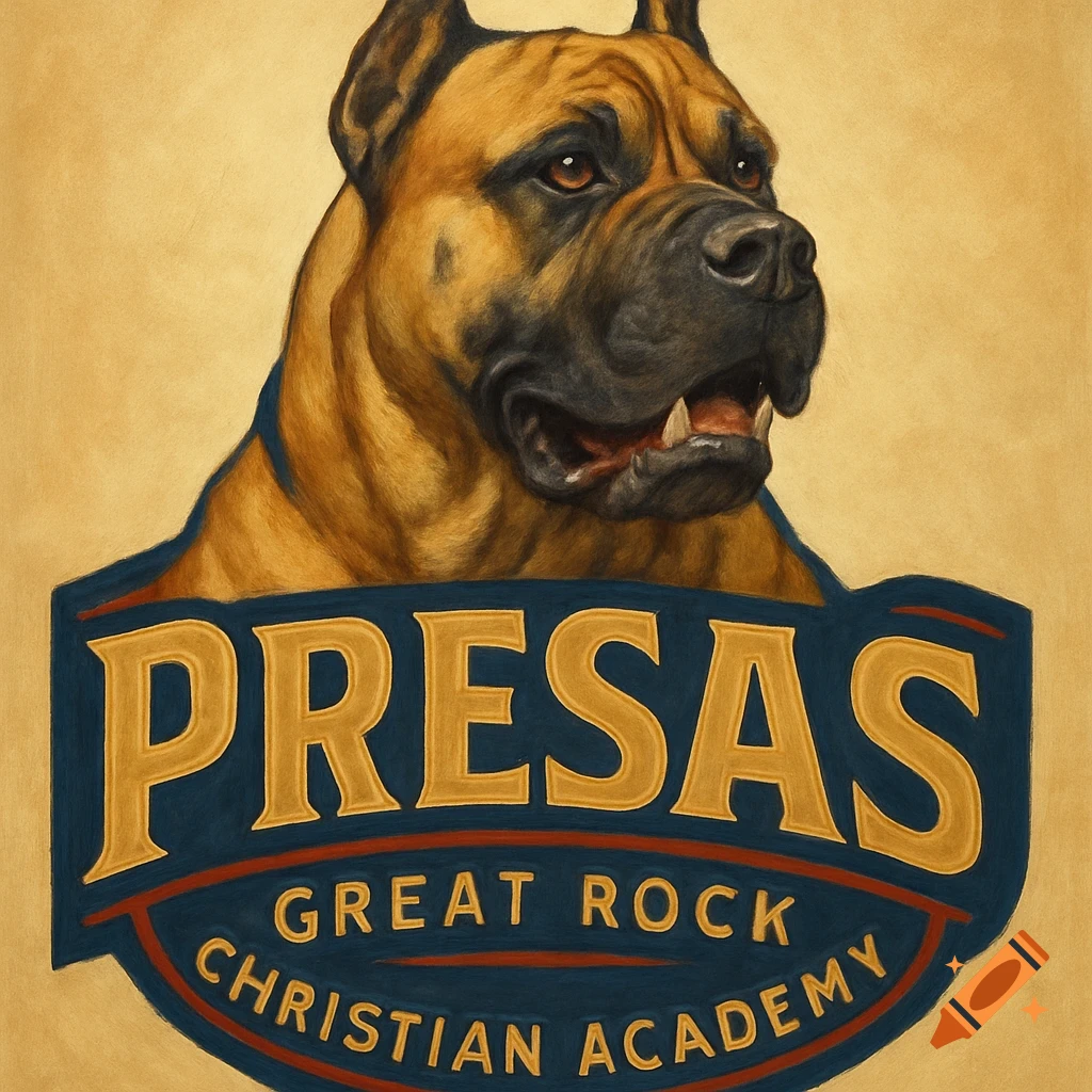 Painting of a Presa dog mascot with the text 'PRESAS GREAT ROCK CHRISTIAN ACADEMY' on a banner.