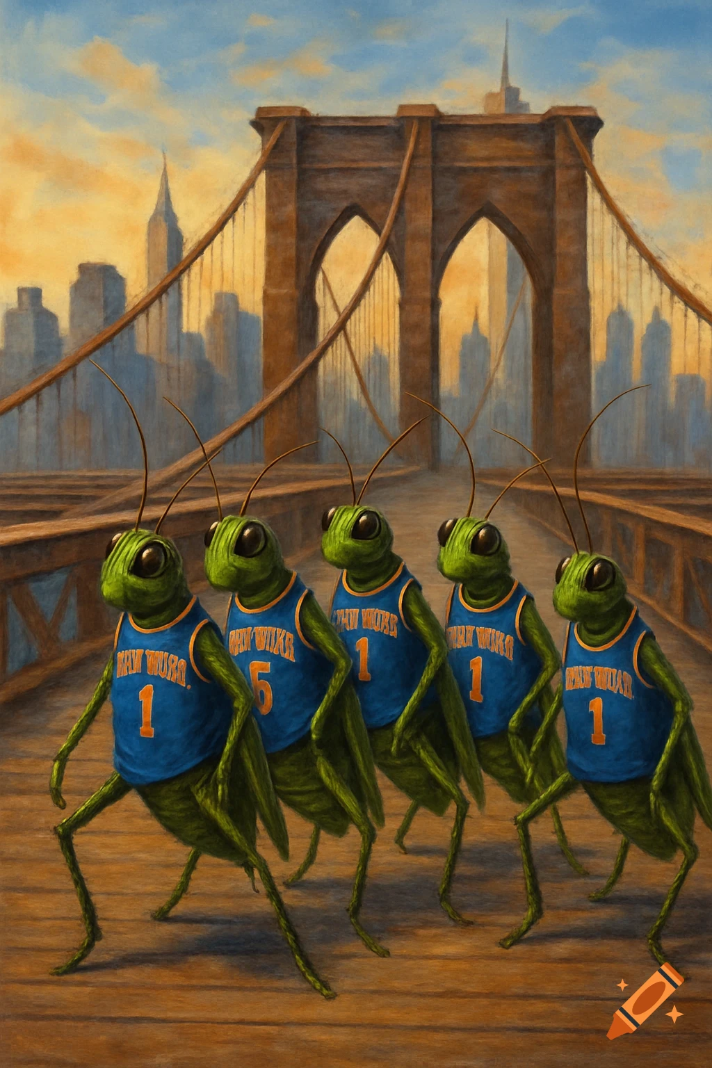 Five grasshoppers in blue basketball jerseys walk across the Brooklyn Bridge, painterly style.