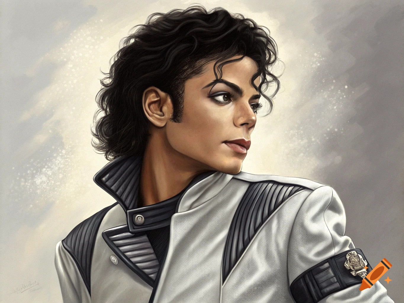 Digital painting portrait of Michael Jackson looking right in a white jacket.