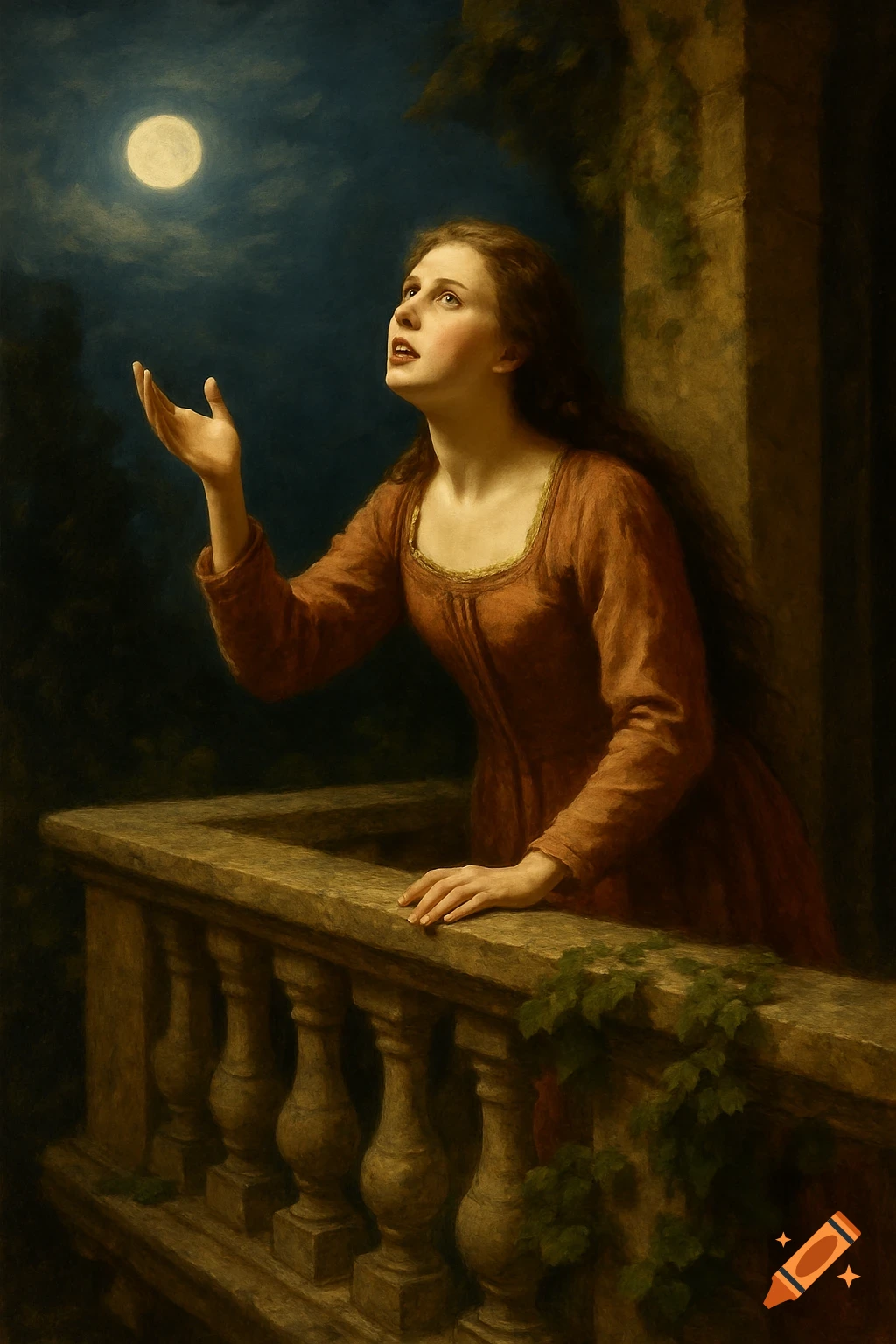 A woman on a balcony at night looks up at a bright moon in a painting.