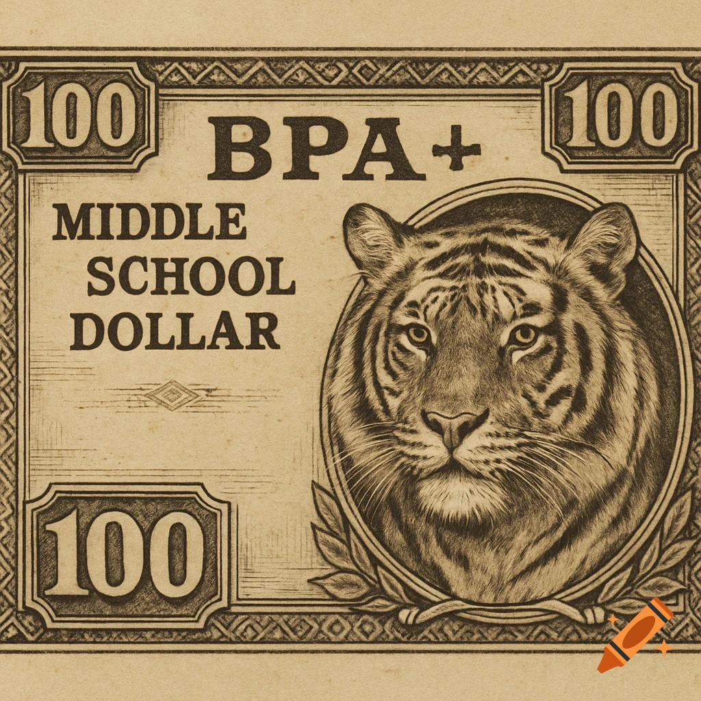 Stylized currency bill with text 'BPA+ Middle School Dollar', '100', and a tiger portrait in a detailed drawing style.