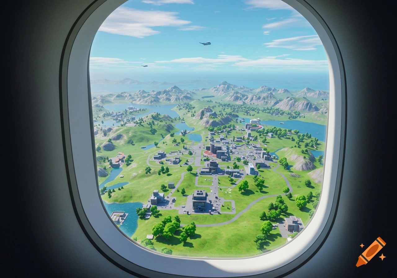 View of a game map landscape with city, lakes, and mountains through an airplane window.