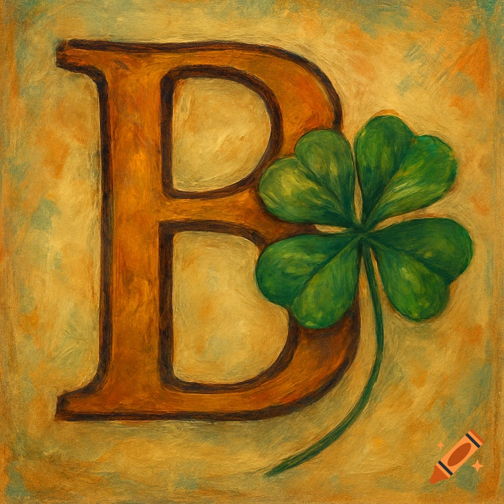 Painted illustration of the letter B with a four-leaf clover