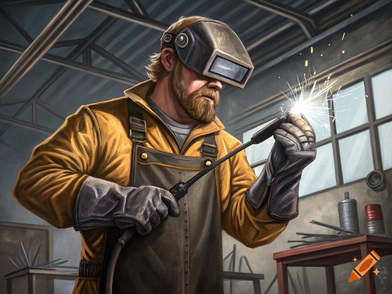 A man in a yellow jacket and welding helmet welds metal in a workshop.