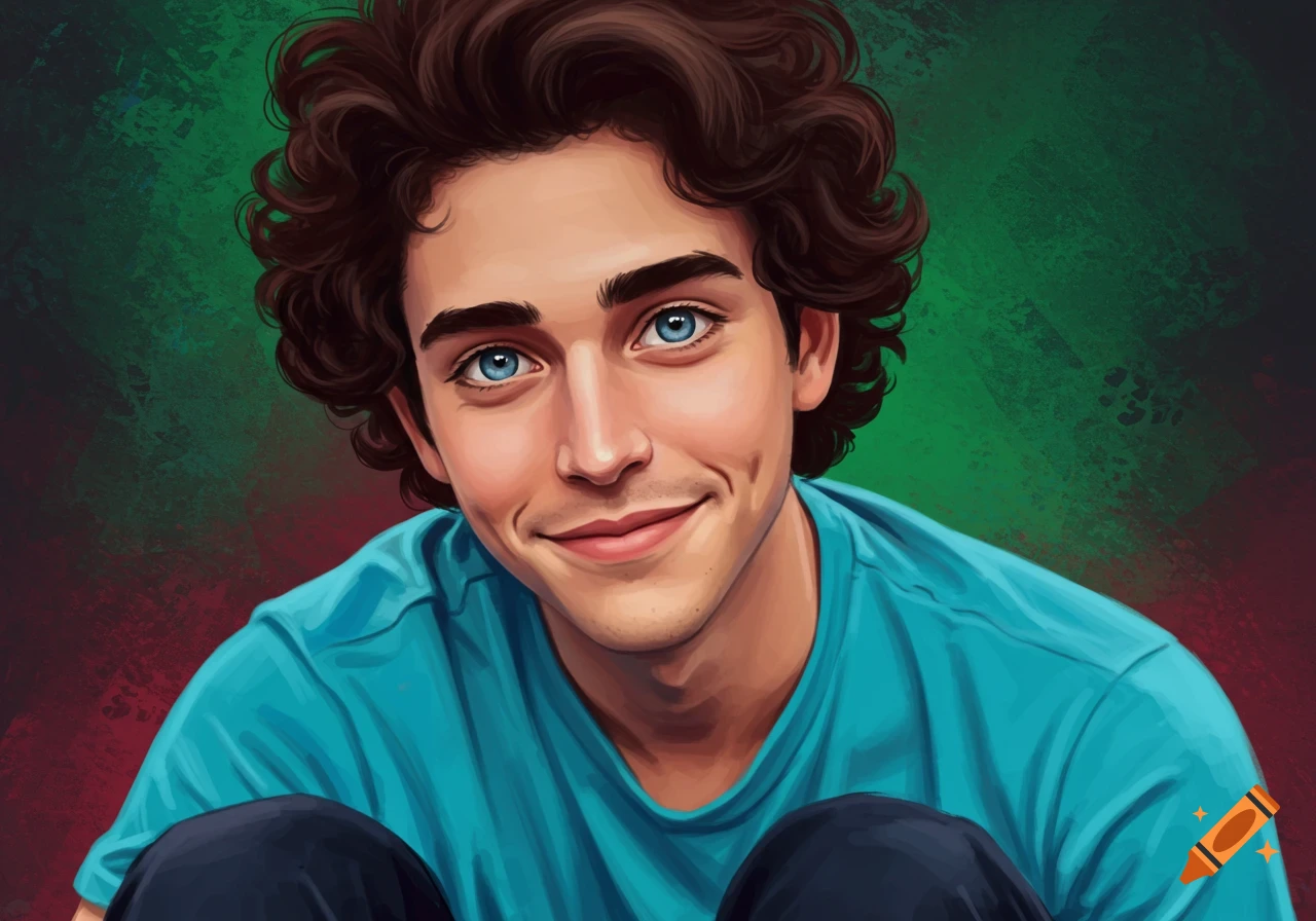 Digital painting of a young man with curly brown hair and blue eyes ...