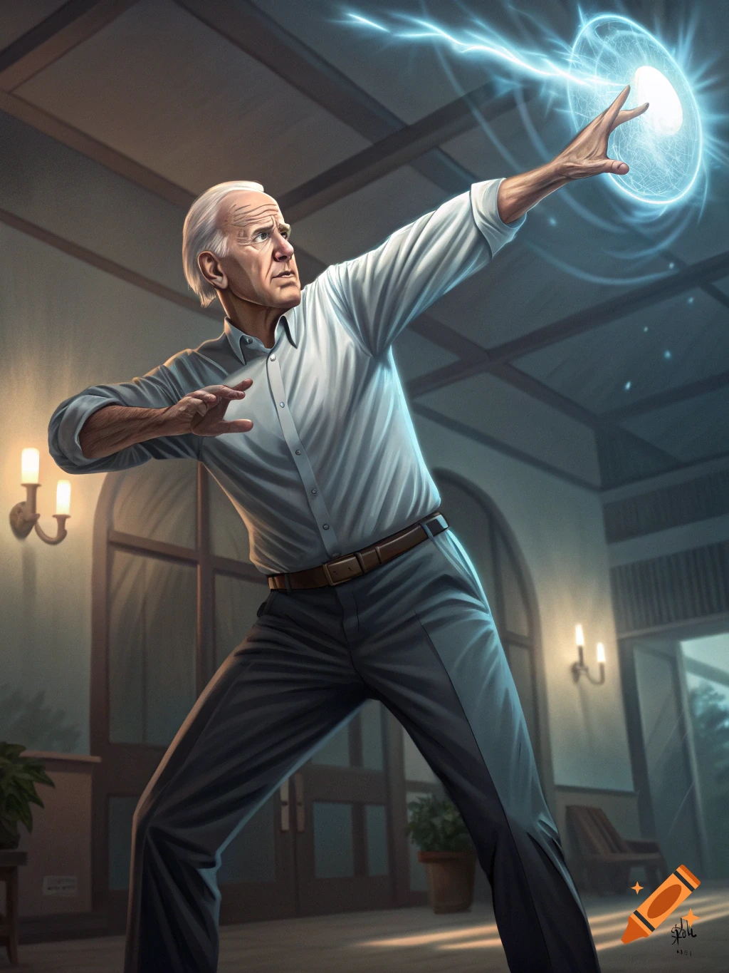 Joe Biden performing a Kamehameha energy attack with blue lightning in a dramatic pose indoors.