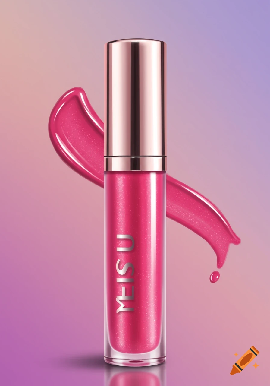 Pink lip gloss tube with a metallic cap and a swatch.