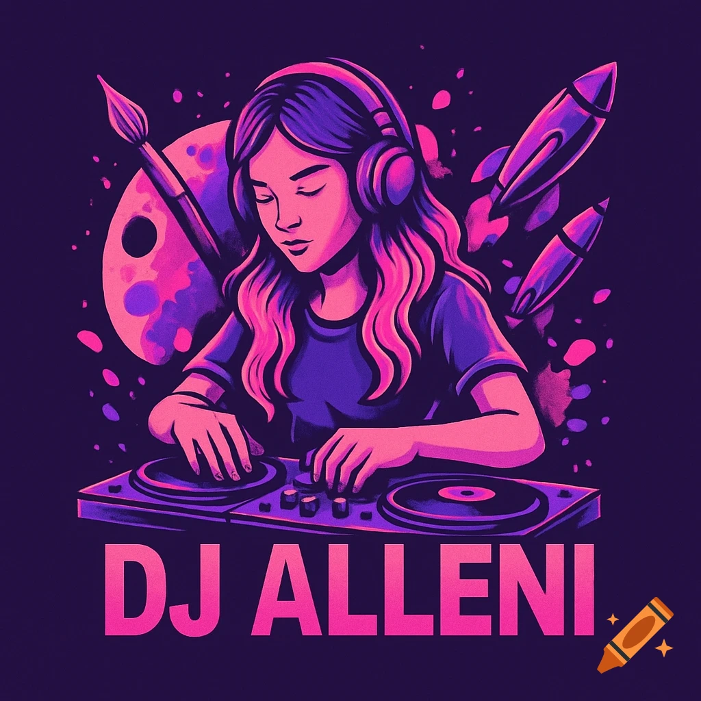 Stylized illustration of a girl DJ mixing music with text 'DJ ALLENI', featuring paint supplies and rockets in pink and purple.