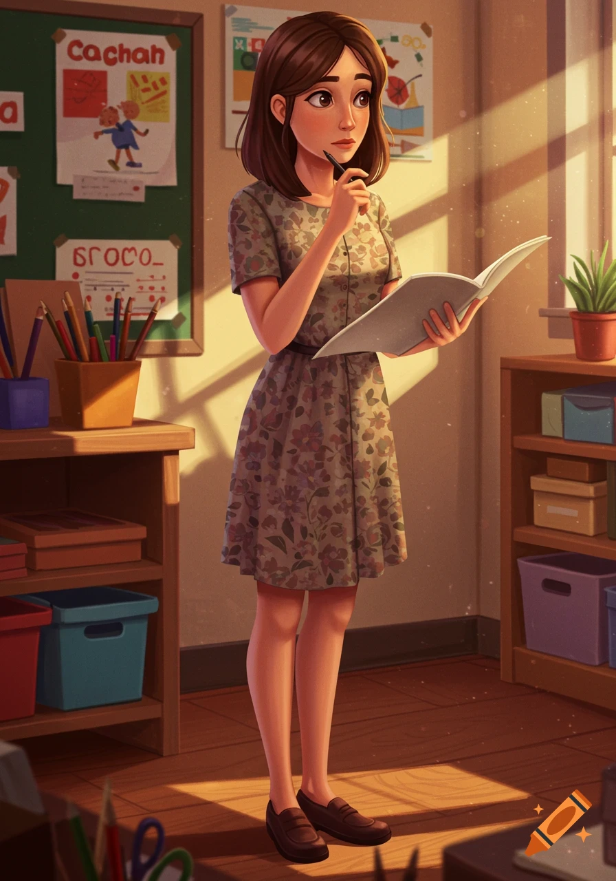 An illustration of a female teacher in a classroom, holding a book and thinking.