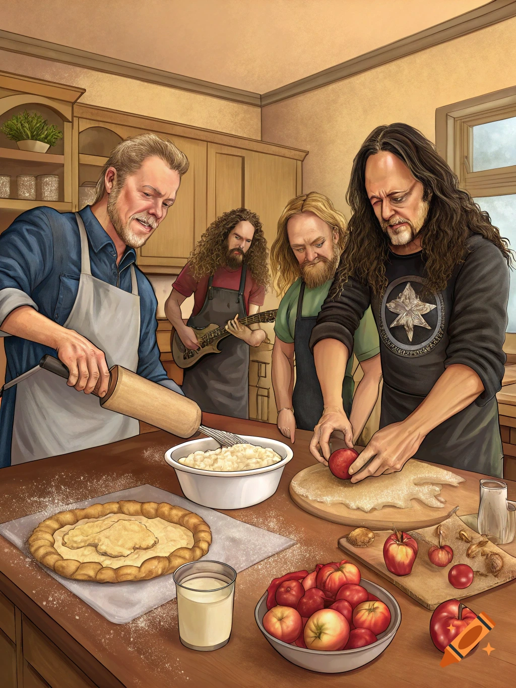 Four men, styled like a band, are in a kitchen making an apple pie. One rolls dough, one cuts apples, one plays a guitar.