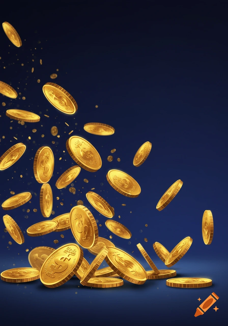 Gold coins falling against a dark blue background