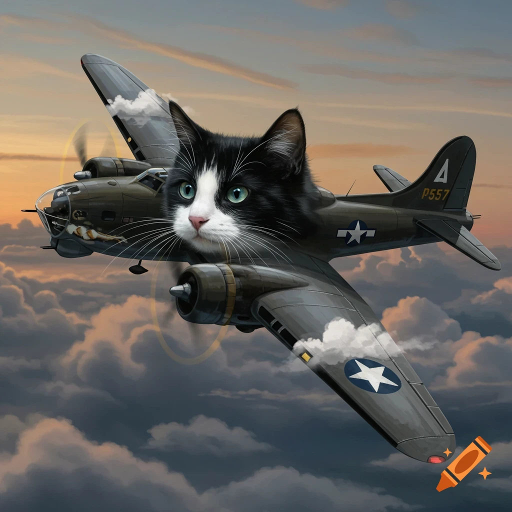 A black and white cat's head is composited onto a bomber plane flying through clouds at sunset, digital painting.
