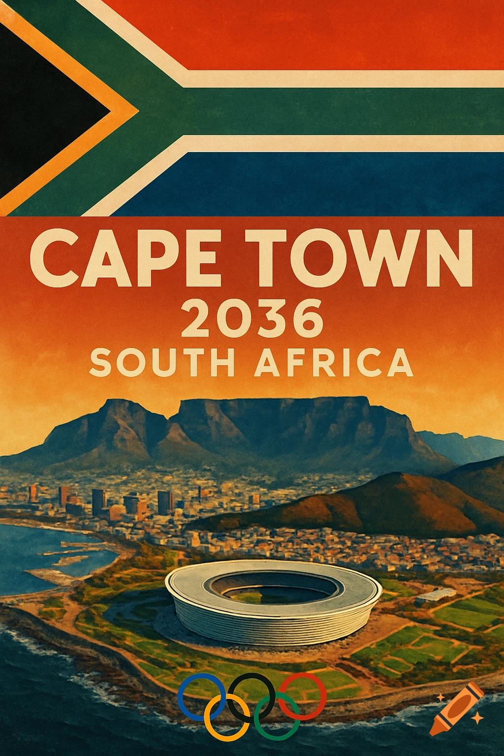 Poster for Cape Town 2036 Olympics featuring the South African flag, city skyline, stadium, and Olympic rings