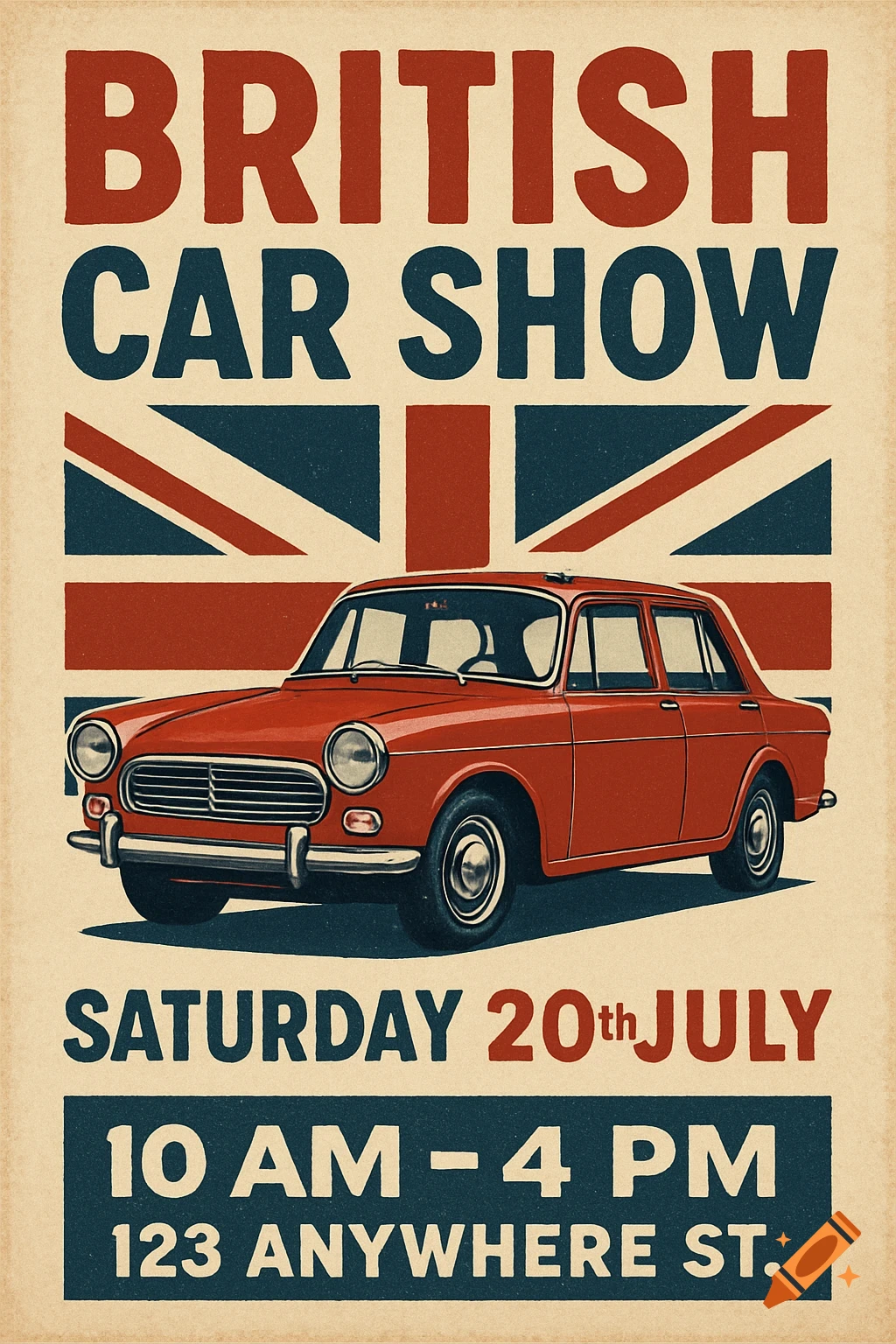 Vintage style poster for a British Car Show featuring a red classic car and Union Jack flag.