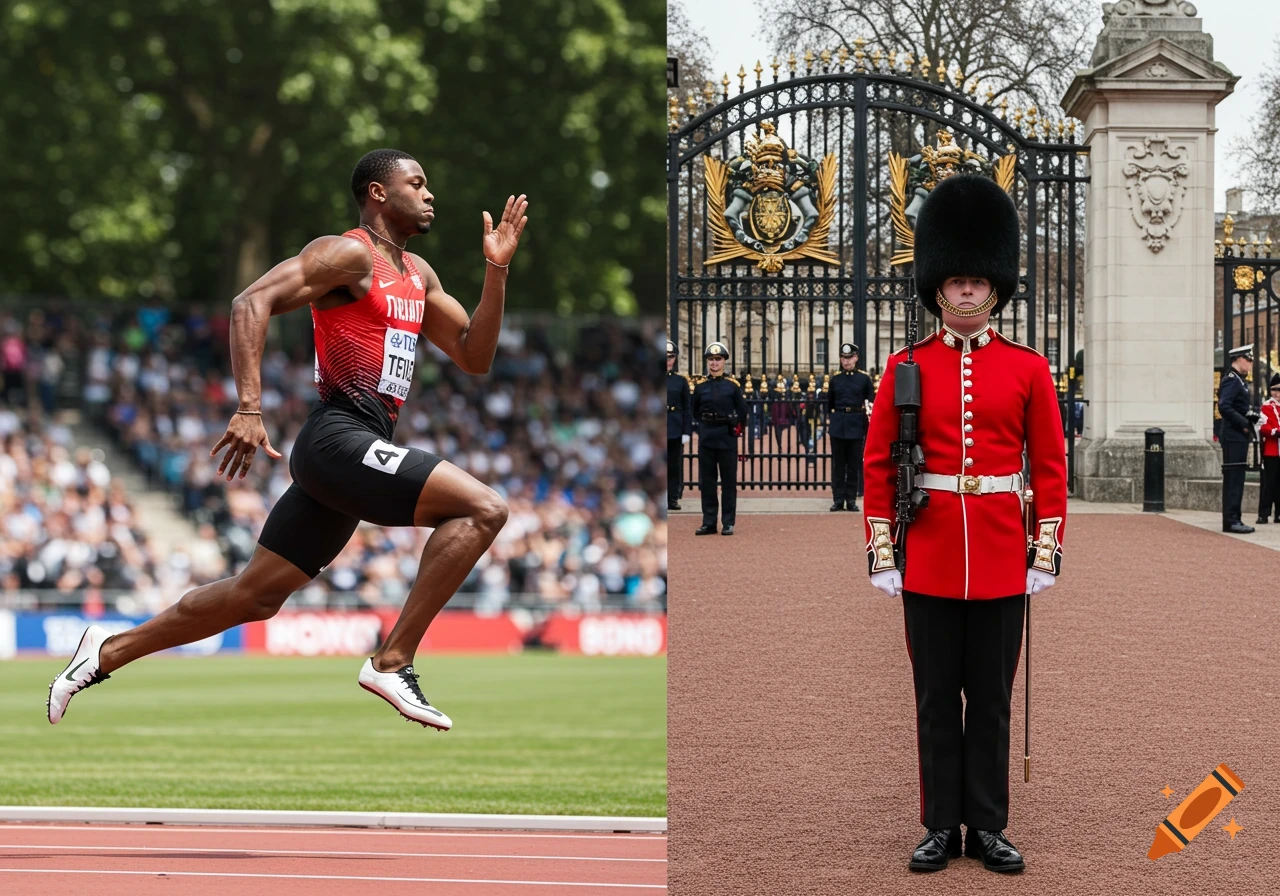 A sprinter on a track and a Buckingham Palace guard stand side-by-side.