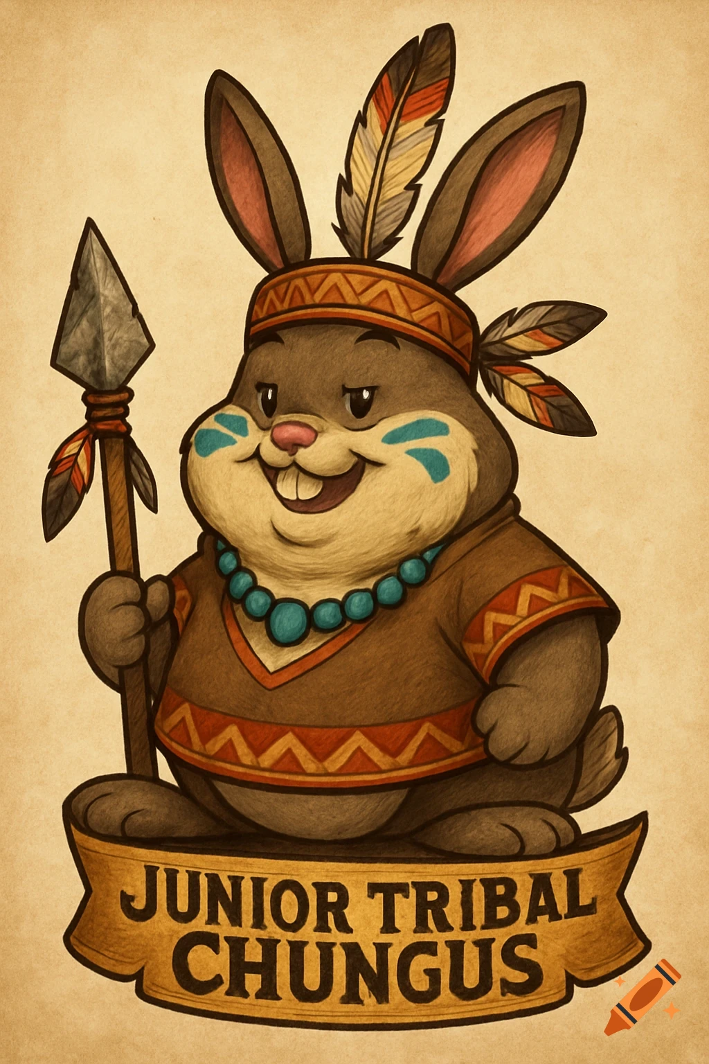 Cartoon rabbit in tribal attire with feathers and beads, holding a spear, standing on a banner that says 'JUNIOR TRIBAL CHUNGUS'.