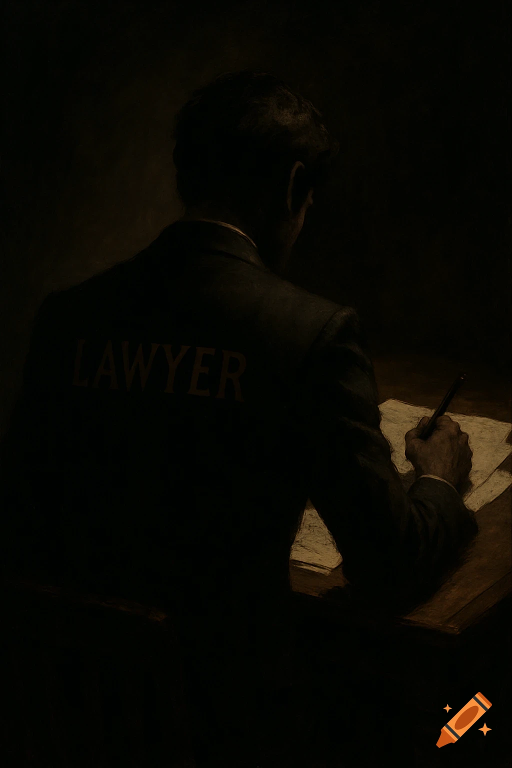 A dark portrait of a person from behind, wearing a suit with "LAWYER" on the back, writing at a desk in shadow.
