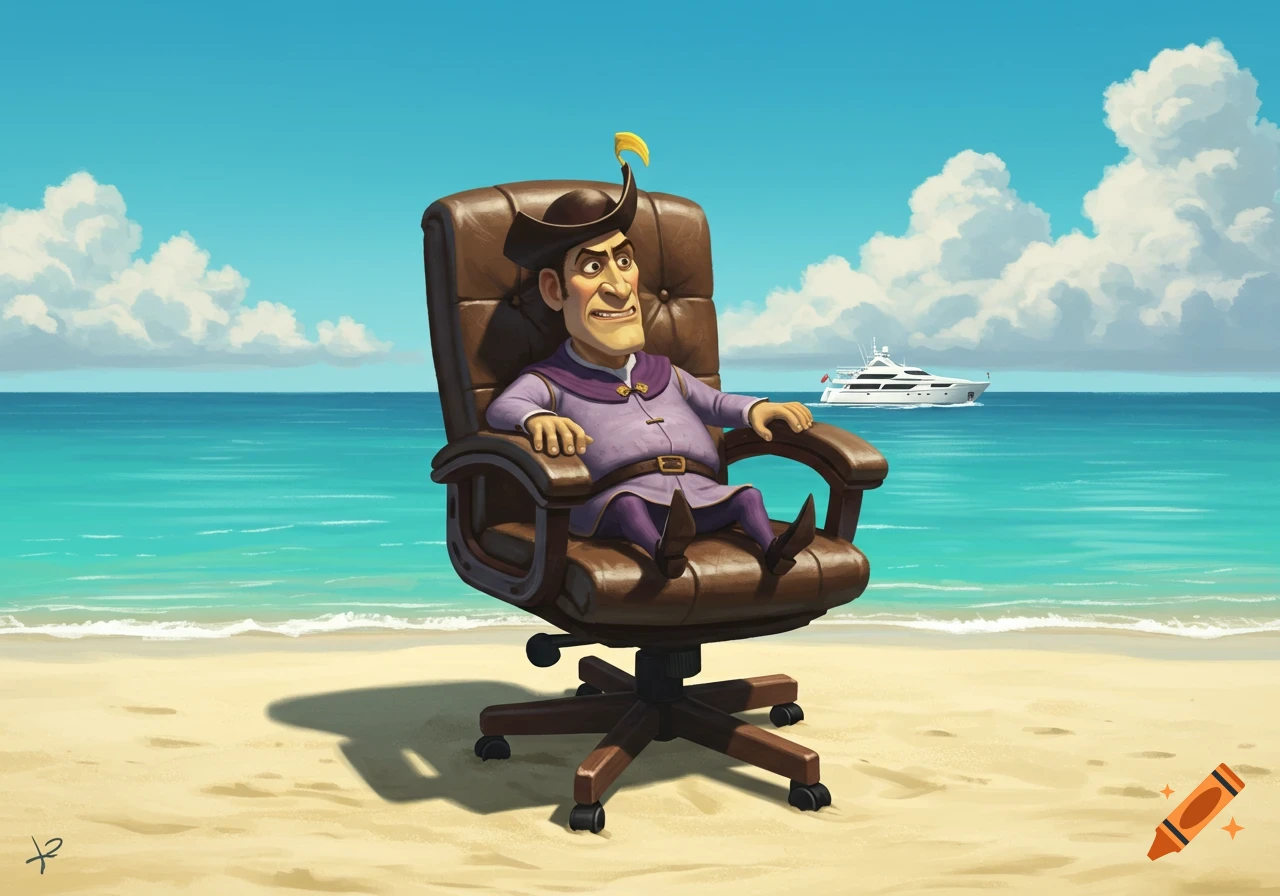 Cartoon character in office chair on beach with yacht in ocean