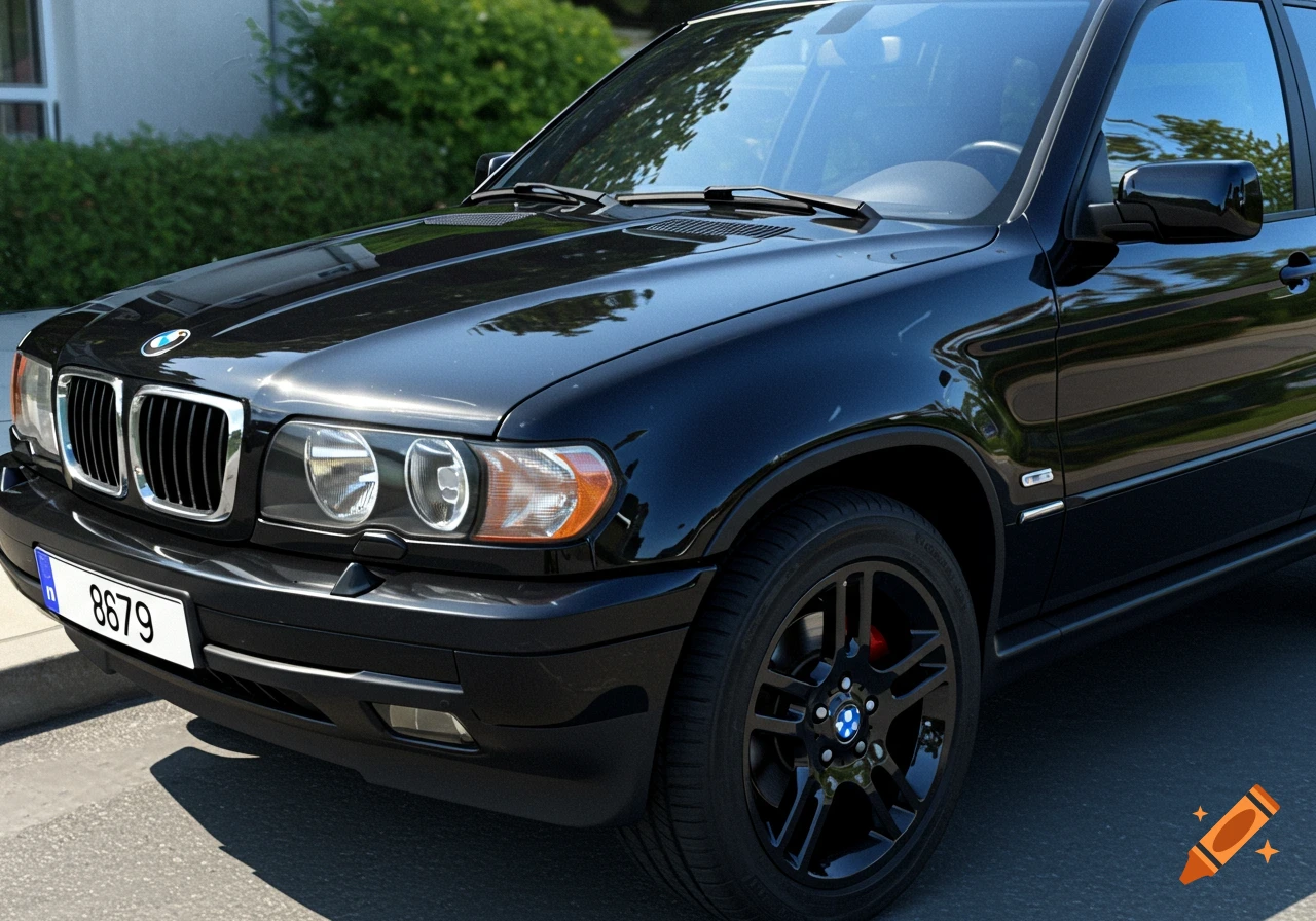 Close-up of the front side of a black BMW SUV.