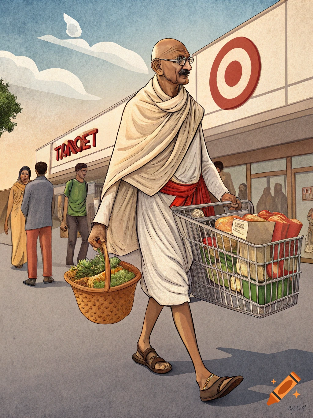 Illustration of Mahatma Gandhi shopping at a store, pushing a cart and carrying a basket.