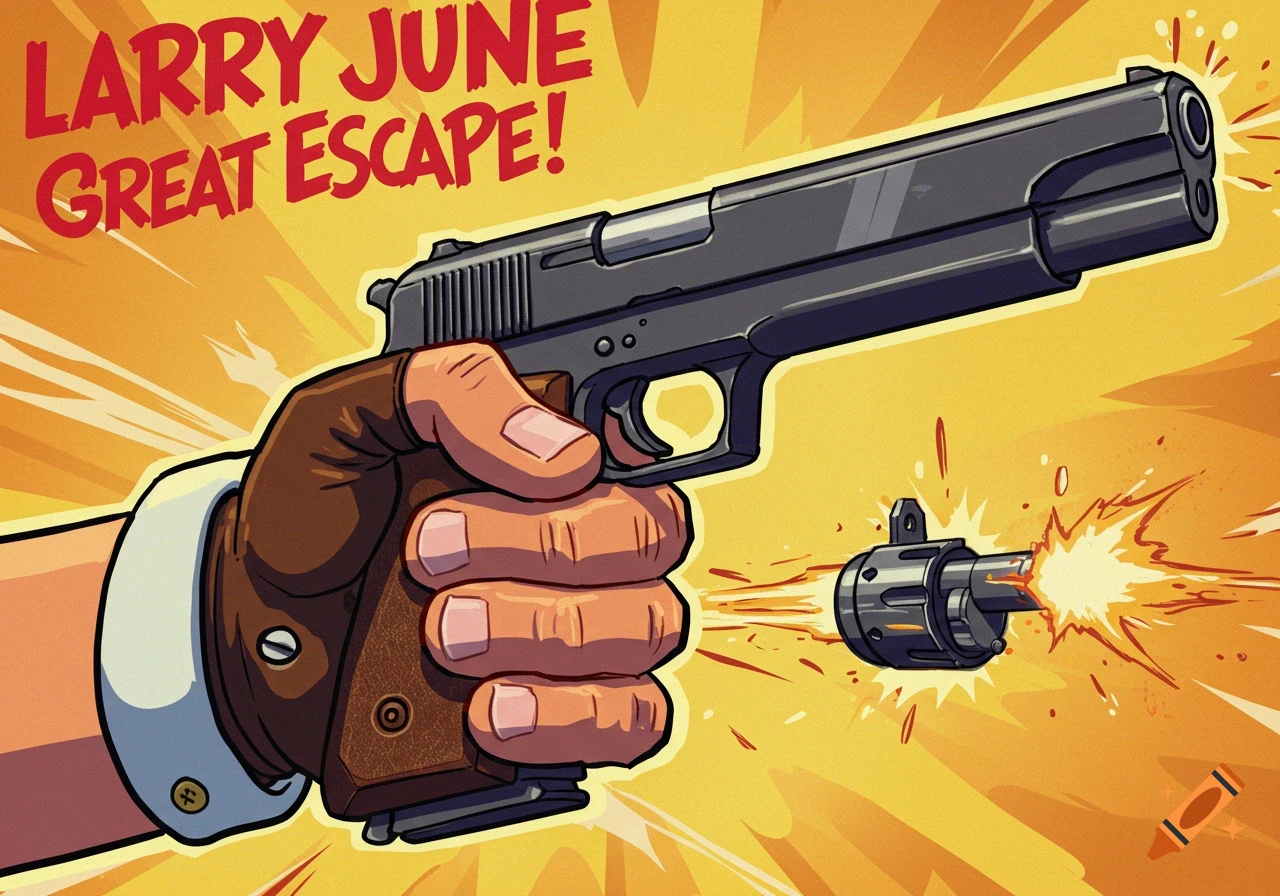 Animated close-up of a hand in a brown glove holding a black pistol with muzzle flash and flying shell casing against a yellow background. Red text reads "LARRY JUNE GREAT ESCAPE!".