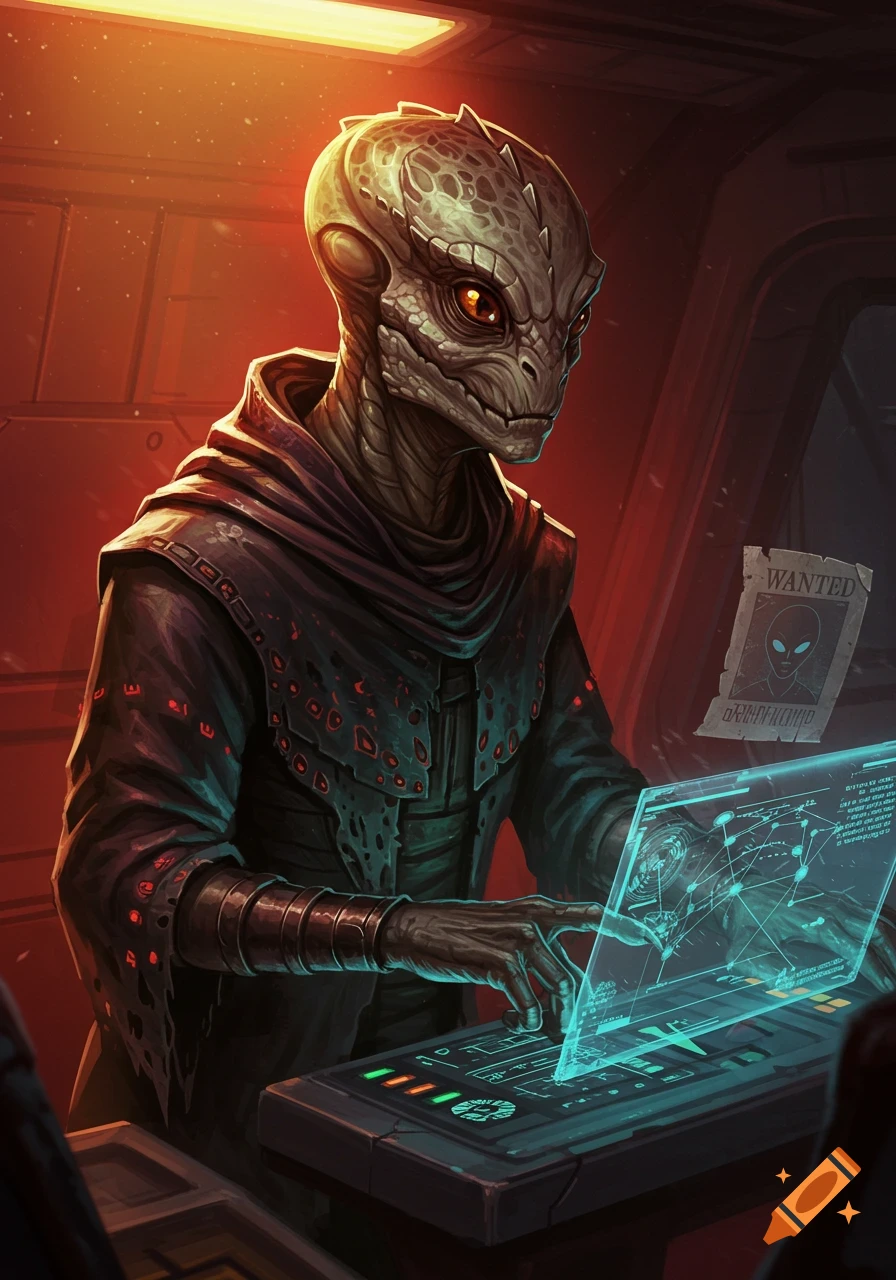 Reptilian alien smuggler works at a holographic console in a spaceship.