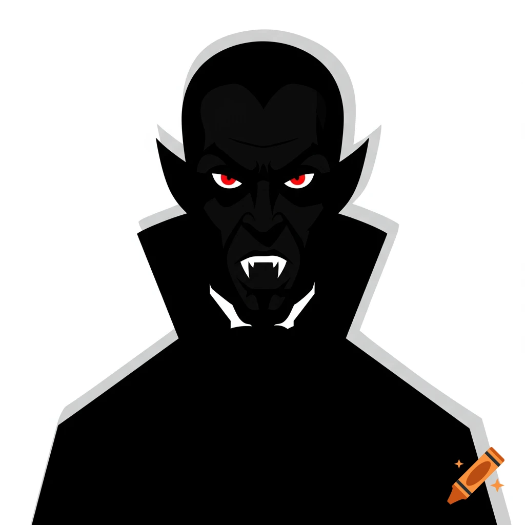A stylized illustration of a black vampire with red eyes and fangs.