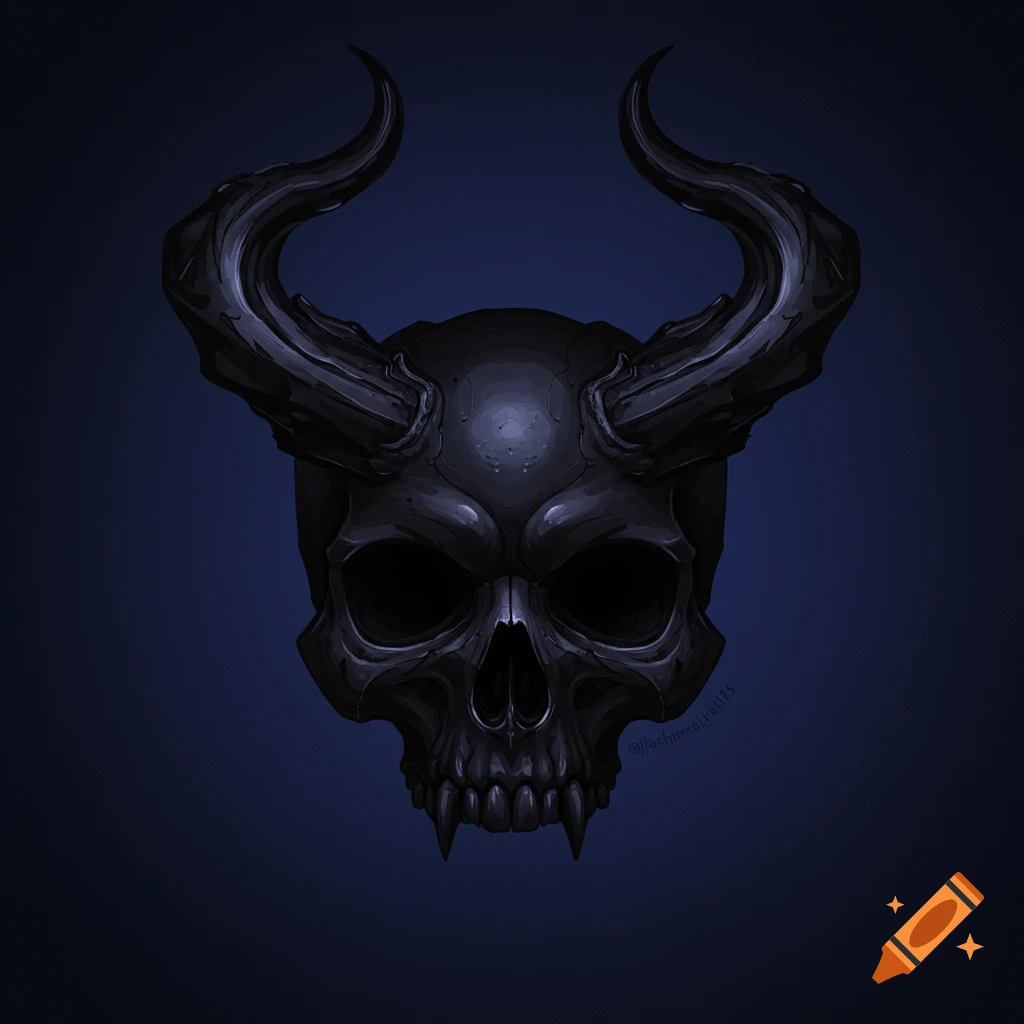 Dark illustration of a black skull mask with large curved horns and ...