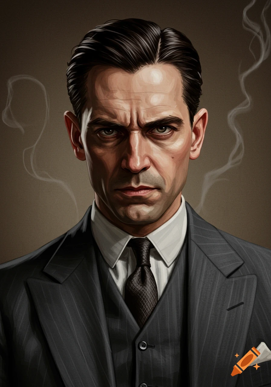 Illustration of a stern man in a pinstripe suit and tie, styled as a 1920s gangster, with smoke around him.